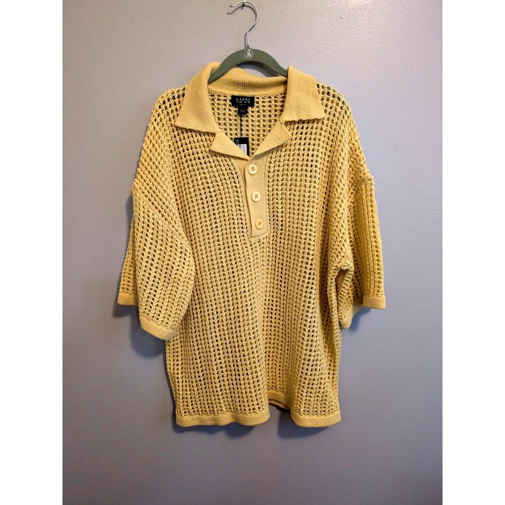 boohooMan Oversized Open Stitch Knit Polo Shirt Yellow Size L NWT